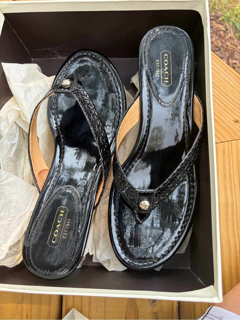 Coach Black Patent Leather Braided Thong Sandals with Logo Stud